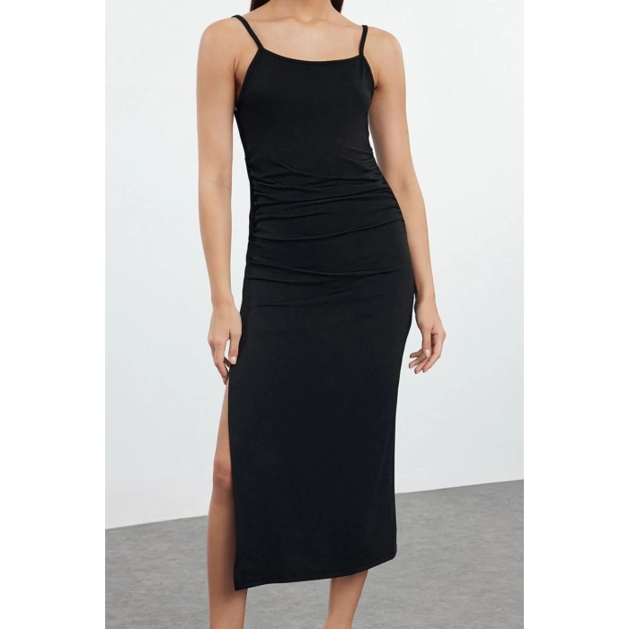 Kadın Moda Şık Midi Boy Kare Yaka Fitted Sırt Detaylı Vücuda Oturan Örme Elbise