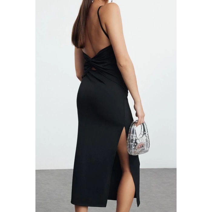 Kadın Moda Şık Midi Boy Kare Yaka Fitted Sırt Detaylı Vücuda Oturan Örme Elbise