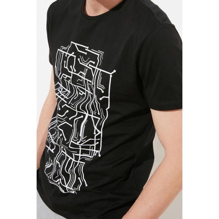 Yeni Sezon Slim %100 Pamuk Bisiklet Yaka Kısa Kol Baskılı Desenli Günlük Dokuma T-Shirt