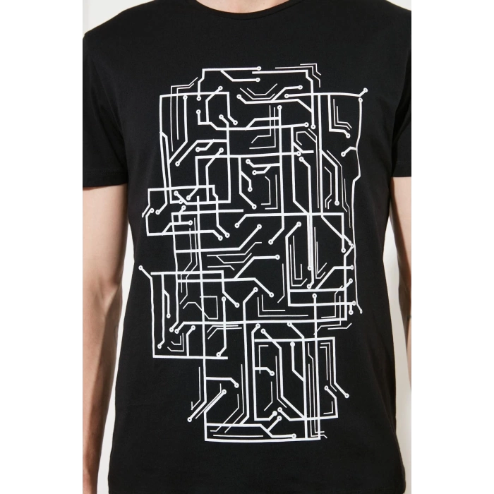 Yeni Sezon Slim %100 Pamuk Bisiklet Yaka Kısa Kol Baskılı Desenli Günlük Dokuma T-Shirt