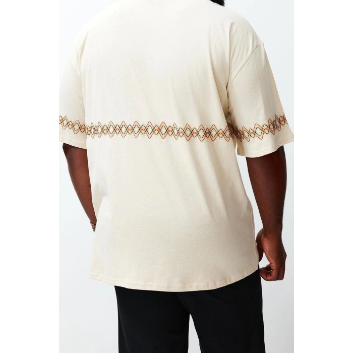 New Season Oversize Cotton Crew Neck Short Sleeve Ethnic Patterned Casual Plus Size T-Shirt