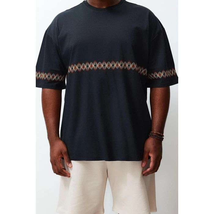 New Season Oversize Cotton Crew Neck Short Sleeve Ethnic Patterned Casual Plus Size T-Shirt