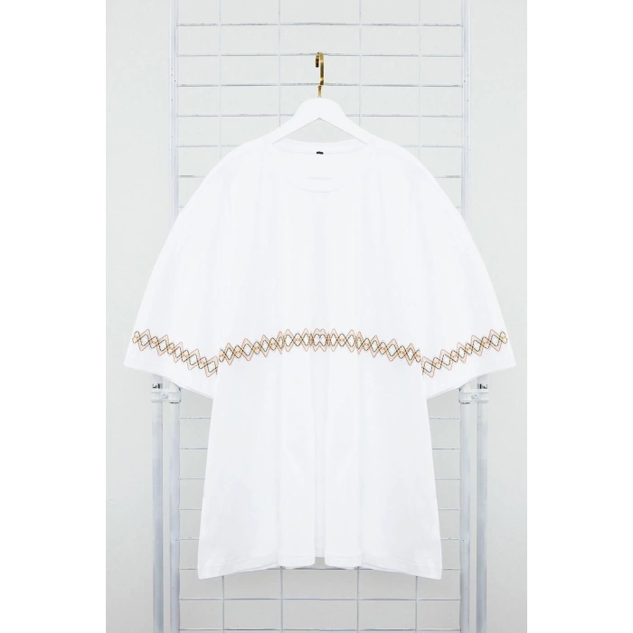 New Season Oversize Cotton Crew Neck Short Sleeve Ethnic Patterned Casual Plus Size T-Shirt