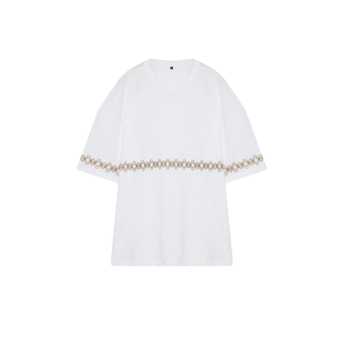 New Season Oversize Cotton Crew Neck Short Sleeve Ethnic Patterned Casual Plus Size T-Shirt