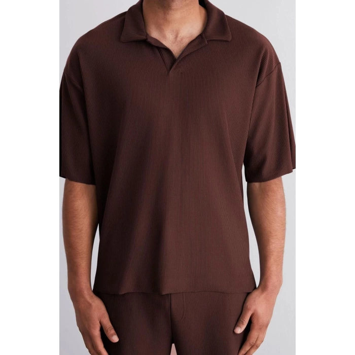 New Season Oversize Polyester Polo Collar Short Sleeve Textured Patterned Casual Plus Size T-Shirt