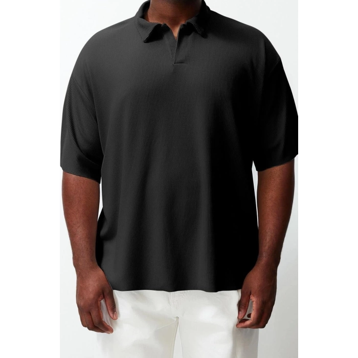 New Season Oversize Polyester Polo Collar Short Sleeve Textured Patterned Casual Plus Size T-Shirt