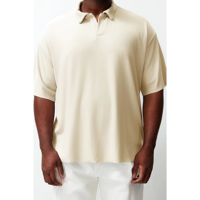 New Season Oversize Polyester Polo Collar Short Sleeve Textured Patterned Casual Plus Size T-Shirt