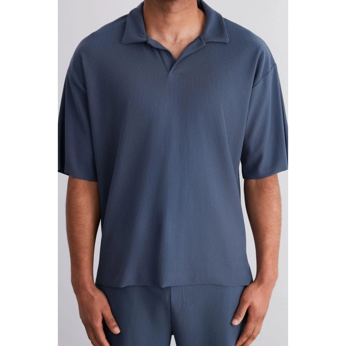 New Season Oversize Polyester Polo Collar Short Sleeve Textured Patterned Casual Plus Size T-Shirt