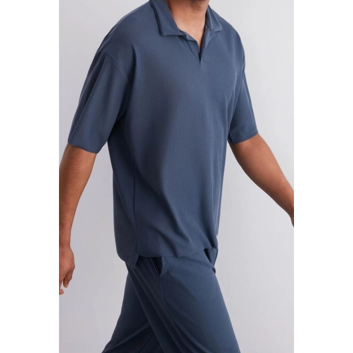 New Season Oversize Polyester Polo Collar Short Sleeve Textured Patterned Casual Plus Size T-Shirt