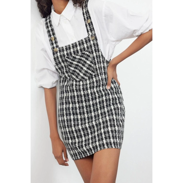 Women Fashion Stylish Mini Length Square Neck Fitted Plaid Checked Vest Woven Dress
