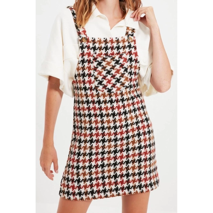 Women Fashion Stylish Mini Length Square Neck Fitted Plaid Checked Vest Woven Dress