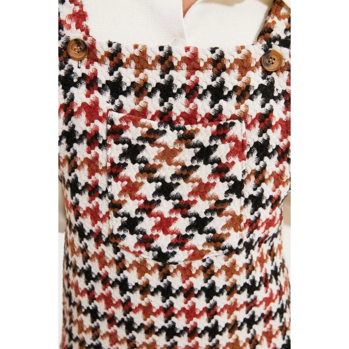 Women Fashion Stylish Mini Length Square Neck Fitted Plaid Checked Vest Woven Dress