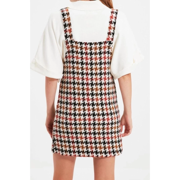 Women Fashion Stylish Mini Length Square Neck Fitted Plaid Checked Vest Woven Dress
