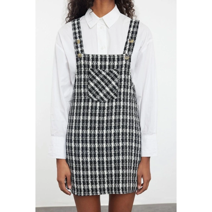 Women Fashion Stylish Mini Length Square Neck Fitted Plaid Checked Vest Woven Dress