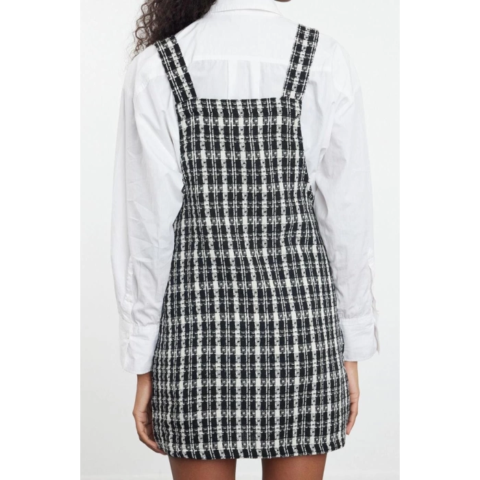 Women Fashion Stylish Mini Length Square Neck Fitted Plaid Checked Vest Woven Dress