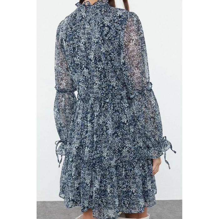 Women Fashion Stylish Mini Length Stand Collar Regular Plain Waist Open Gathered Lined Woven Winter Dress