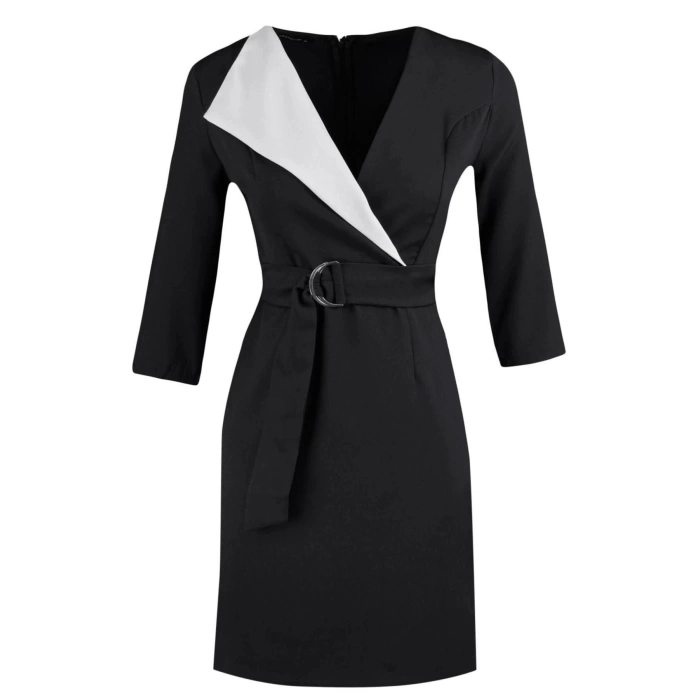 Women Fashion Stylish Mini Length Jacket Collar Regular Belted Double Breasted Woven Dress