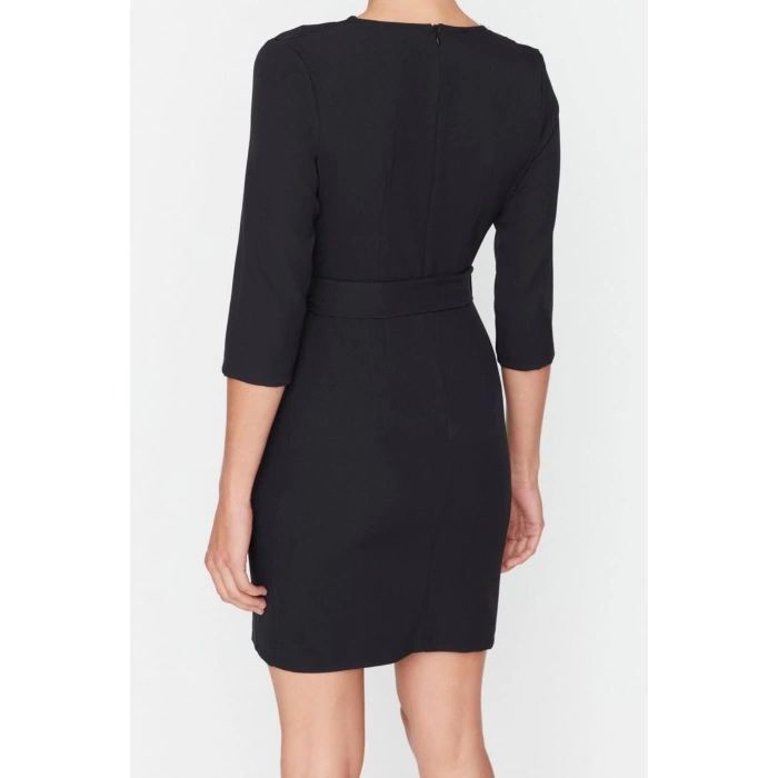 Women Fashion Stylish Mini Length Jacket Collar Regular Belted Double Breasted Woven Dress