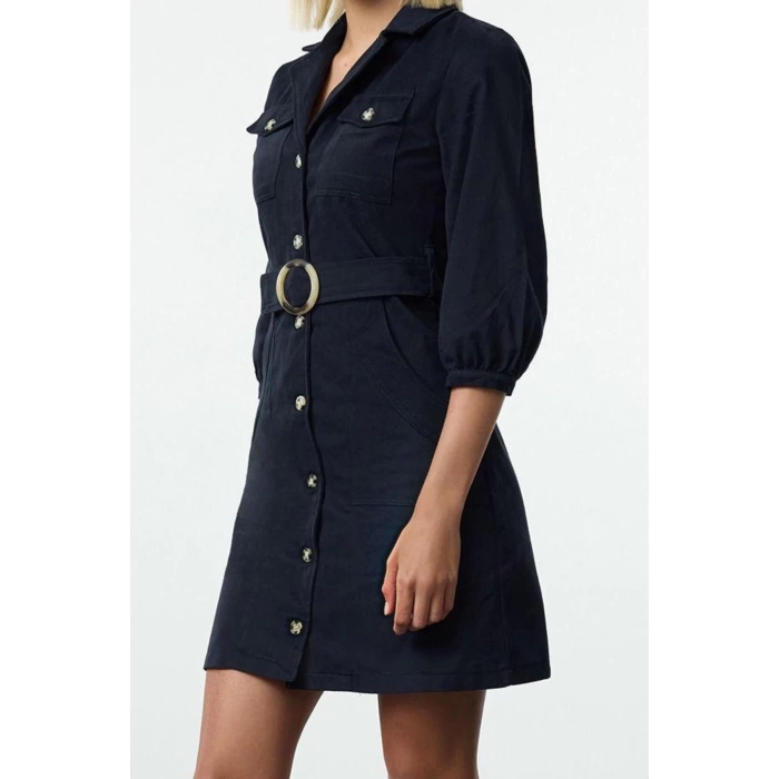 Kadın Moda Şık Mini Boy Ceket Yaka Regular Düz Kemerli Ceket Düğme Detaylı Dokuma Elbise