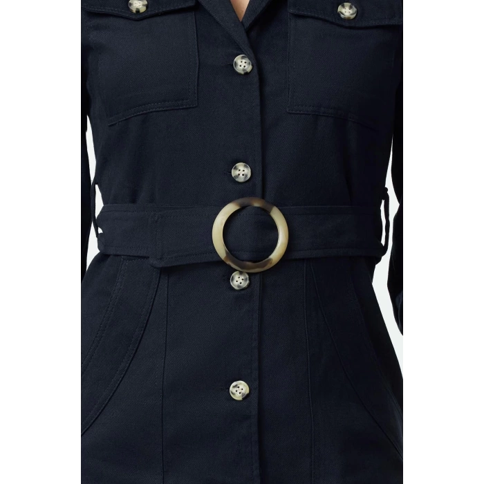 Kadın Moda Şık Mini Boy Ceket Yaka Regular Düz Kemerli Ceket Düğme Detaylı Dokuma Elbise