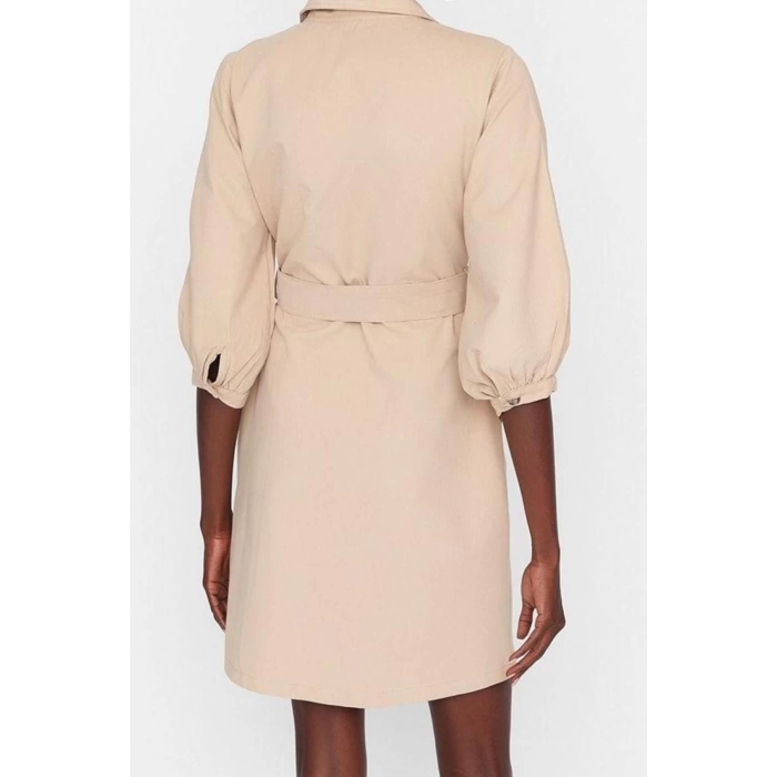 Kadın Moda Şık Mini Boy Ceket Yaka Regular Düz Kemerli Ceket Düğme Detaylı Dokuma Elbise