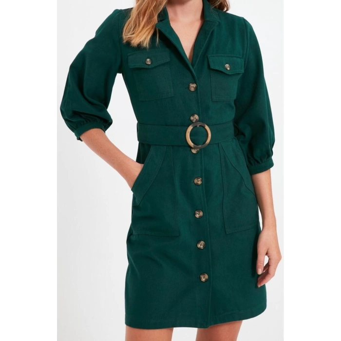 Kadın Moda Şık Mini Boy Ceket Yaka Regular Düz Kemerli Ceket Düğme Detaylı Dokuma Elbise