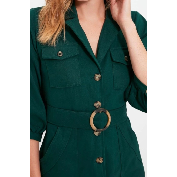 Kadın Moda Şık Mini Boy Ceket Yaka Regular Düz Kemerli Ceket Düğme Detaylı Dokuma Elbise