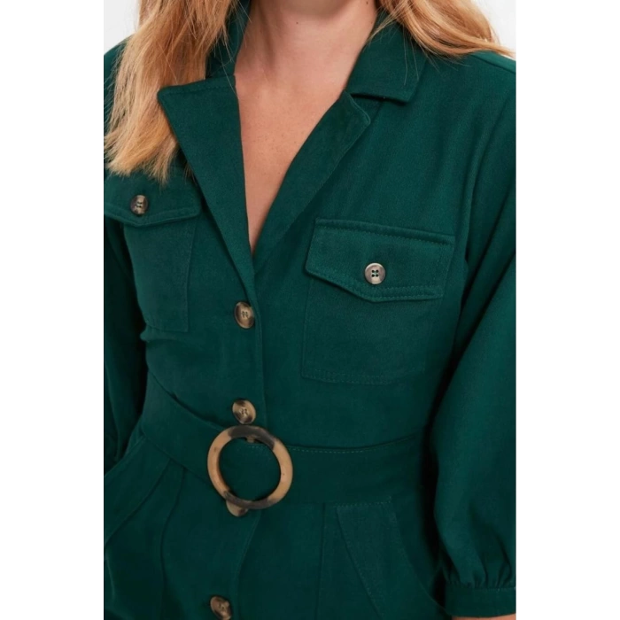 Kadın Moda Şık Mini Boy Ceket Yaka Regular Düz Kemerli Ceket Düğme Detaylı Dokuma Elbise