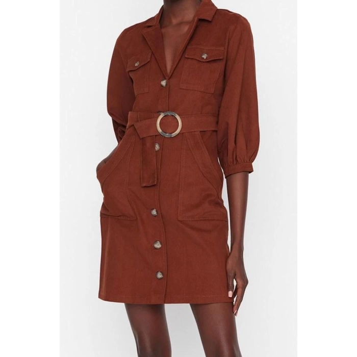 Kadın Moda Şık Mini Boy Ceket Yaka Regular Düz Kemerli Ceket Düğme Detaylı Dokuma Elbise