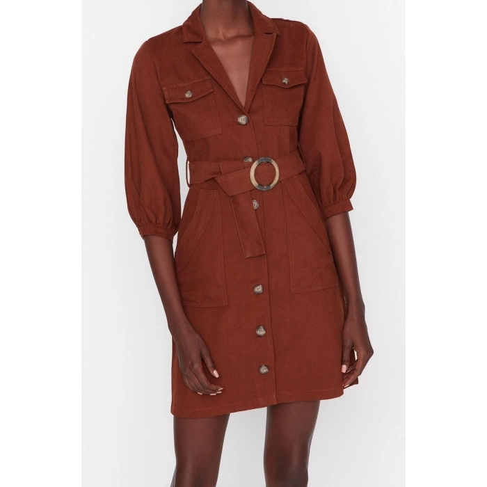 Kadın Moda Şık Mini Boy Ceket Yaka Regular Düz Kemerli Ceket Düğme Detaylı Dokuma Elbise