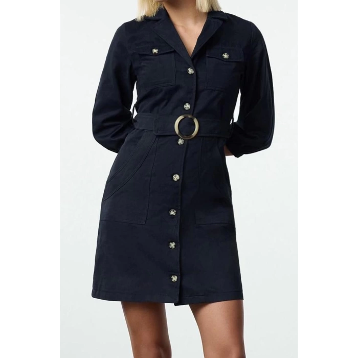 Kadın Moda Şık Mini Boy Ceket Yaka Regular Düz Kemerli Ceket Düğme Detaylı Dokuma Elbise