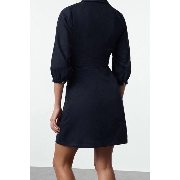 Kadın Moda Şık Mini Boy Ceket Yaka Regular Düz Kemerli Ceket Düğme Detaylı Dokuma Elbise