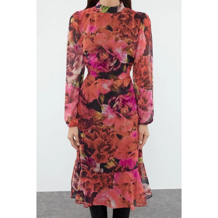 Women Fashion Stylish Midi Length Stand Collar Regular Pink 001 Plain Woven Winter Dress