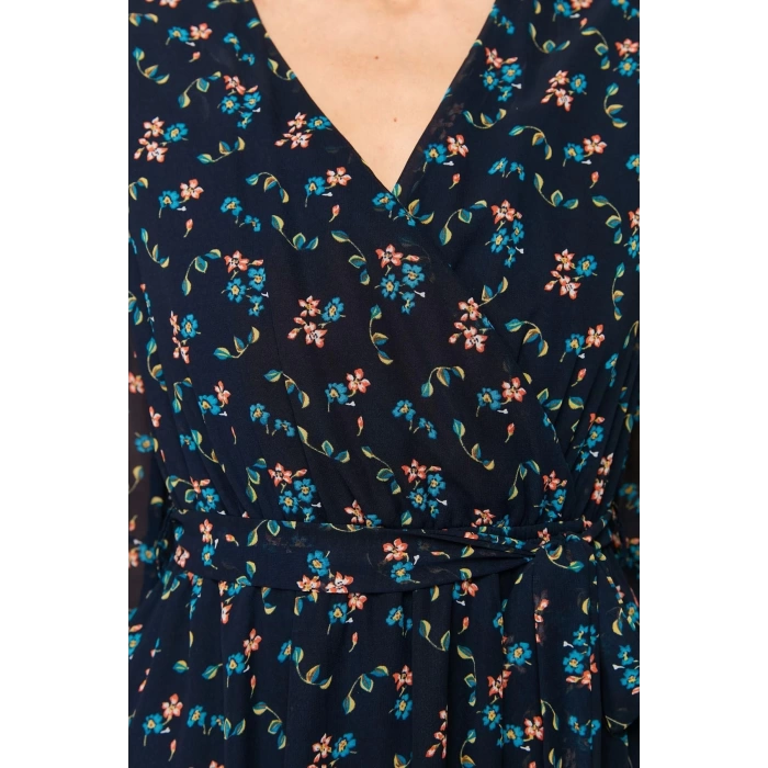 Women Fashion Stylish Mini Length Double Breasted Regular Floral Patterned Belted Lined Chiffon Woven Dress