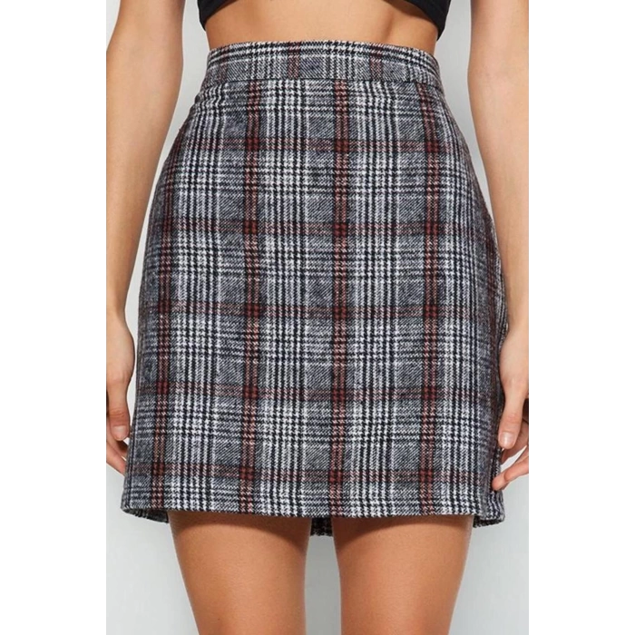 Kadın Moda Stil Mini Astarsız Dokuma Ekose Kaşe Kumaş Mini Dokuma Etek