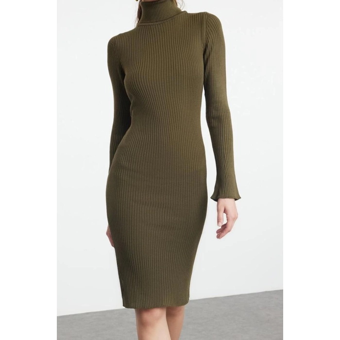 Kadın Moda Şık Mini Boy Balıkçı Yaka Slim Triko Kolları Volanlı Elbise