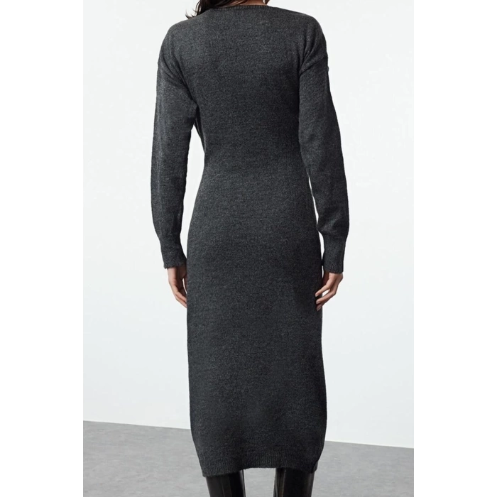 Women Fashion Stylish Midi Length Double Breasted Soft Texture Knitwear Collar Tie Dress
