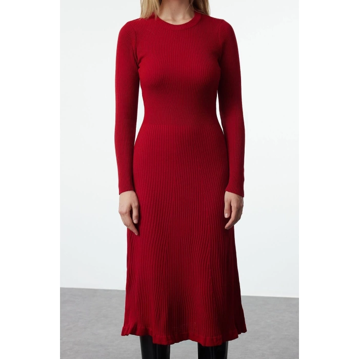 Women Fashion Stylish Midi Length Crew Neck Slim Knitted Dress