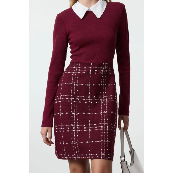 Kadın Moda Şık Mini Boy Gömlek Yaka Regular Ekose Kareli Örme Detaylı Dokuma Elbise
