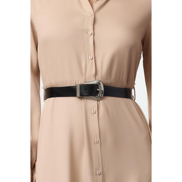Women Fashion Stylish Midi Length Shirt Collar Regular Plain Belted Woven Shirt Dress Woven Dress
