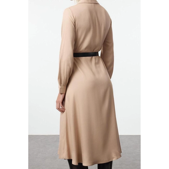 Women Fashion Stylish Midi Length Shirt Collar Regular Plain Belted Woven Shirt Dress Woven Dress