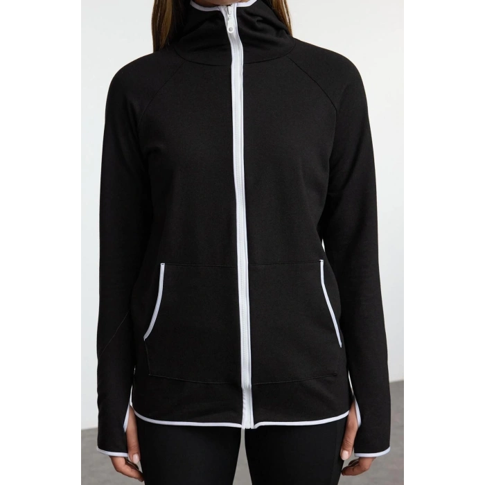 Kadın Kapüşonlu Reglan Kol Beyaz Biye ve Baş Parmak Delik Detaylı Örme Spor Sweatshirt