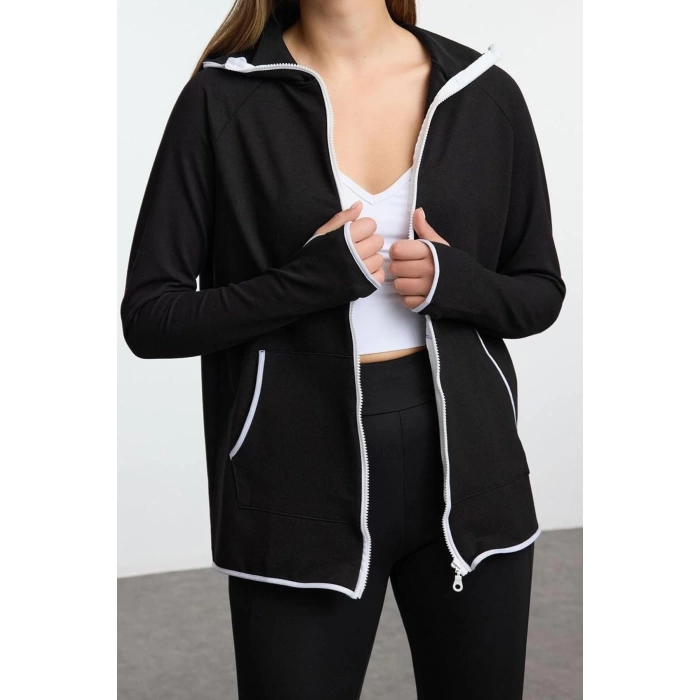 Kadın Kapüşonlu Reglan Kol Beyaz Biye ve Baş Parmak Delik Detaylı Örme Spor Sweatshirt