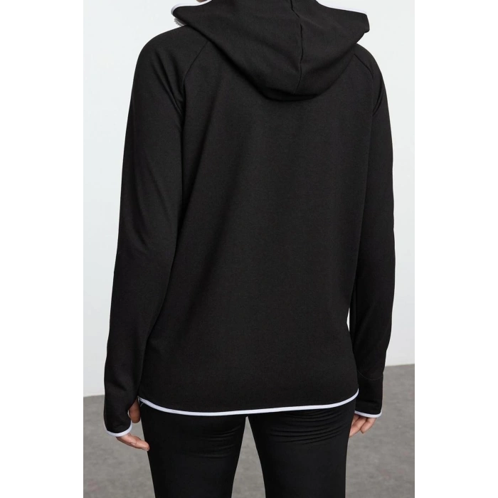 Kadın Kapüşonlu Reglan Kol Beyaz Biye ve Baş Parmak Delik Detaylı Örme Spor Sweatshirt