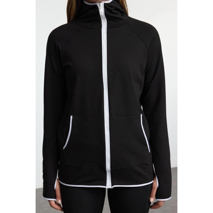 Kadın Kapüşonlu Reglan Kol Beyaz Biye ve Baş Parmak Delik Detaylı Örme Spor Sweatshirt