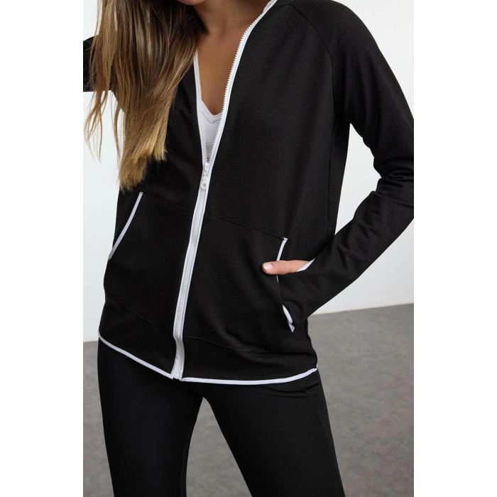 Kadın Kapüşonlu Reglan Kol Beyaz Biye ve Baş Parmak Delik Detaylı Örme Spor Sweatshirt