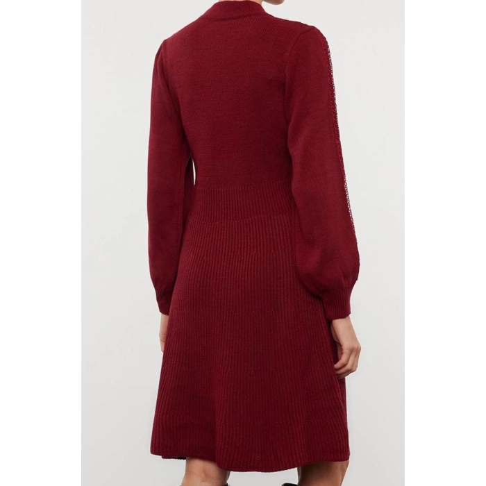 Kadın Moda Şık Mini Boy Dik Yaka Regular Triko Dantelli Elbise