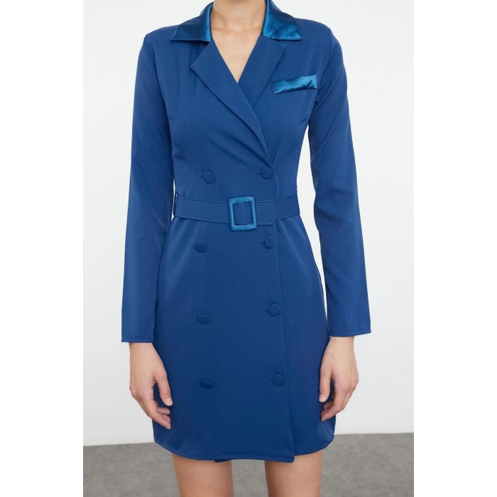 Kadın Moda Şık Mini Boy Ceket Yaka Regular Kemerli Dokuma Ceket Elbise