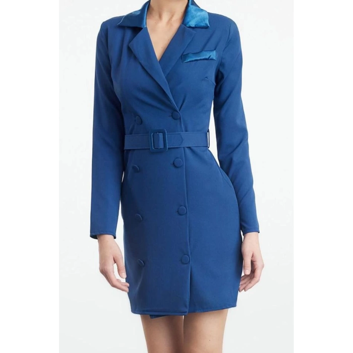 Kadın Moda Şık Mini Boy Ceket Yaka Regular Kemerli Dokuma Ceket Elbise