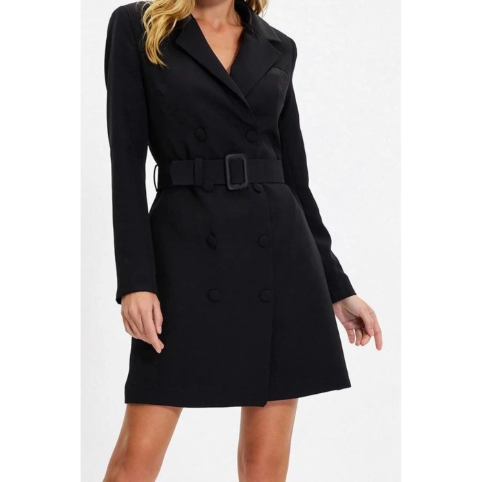 Kadın Moda Şık Mini Boy Ceket Yaka Regular Kemerli Dokuma Ceket Elbise